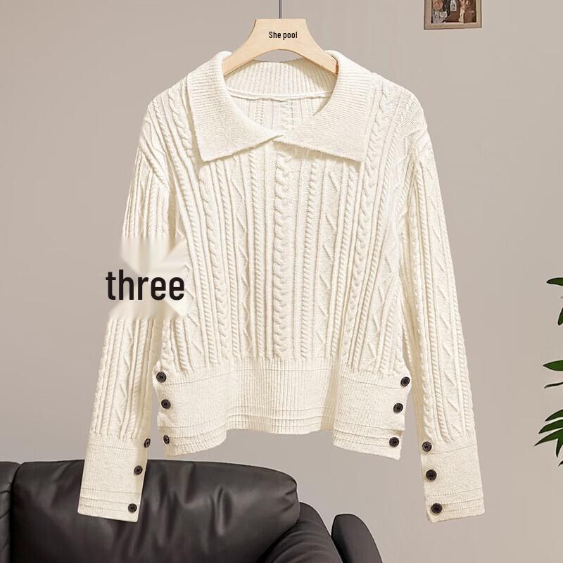 Women s Academy Style Lapel Cable Knit Sweater One Size