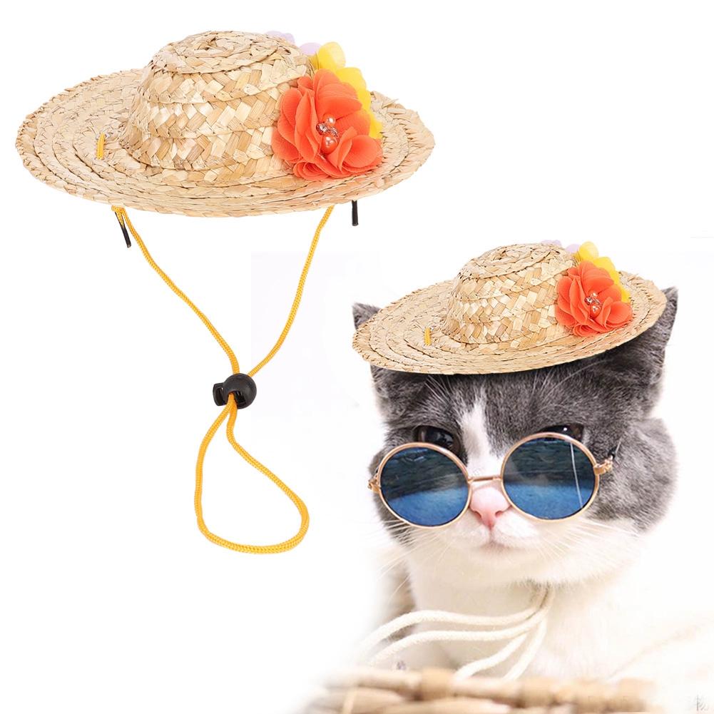 Pet Straw Hat Puppy Cap with Colorful Flowers for Party Costume Decorations(M)