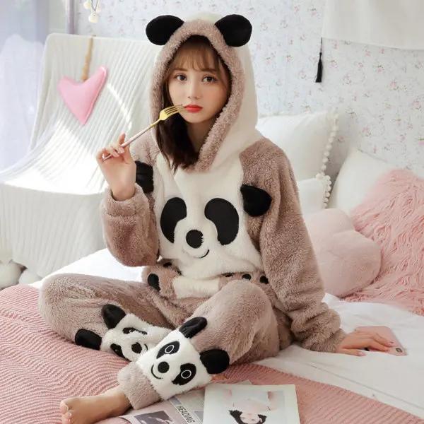 

Осенне-зимний женский фланелевый пижамный костюм с капюшоном, симпатичный утолщенный длинный плюшевый домашний костюм, верхняя одежда XL