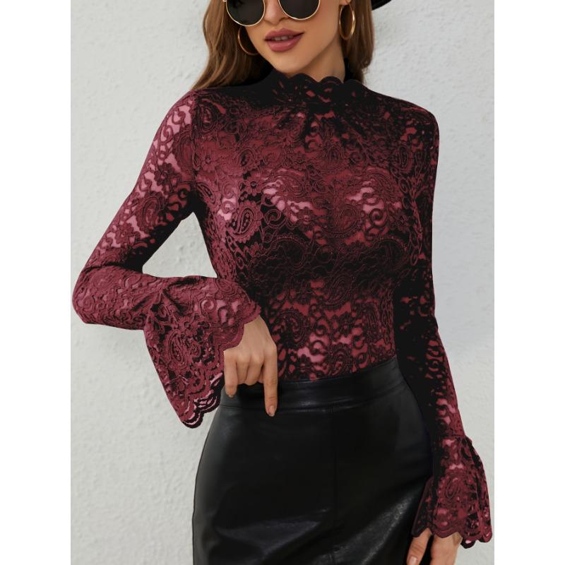 Sexy Cashew Pattern Lace Slim Fit Bell Sleeve Long Sleeve Top For Women