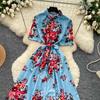 New Summer Beach Gorgeous Floral Midi Dress Shirt Women Single Breasted Belt Lace Up Short Sleeve Long Party Dresses Office Lady