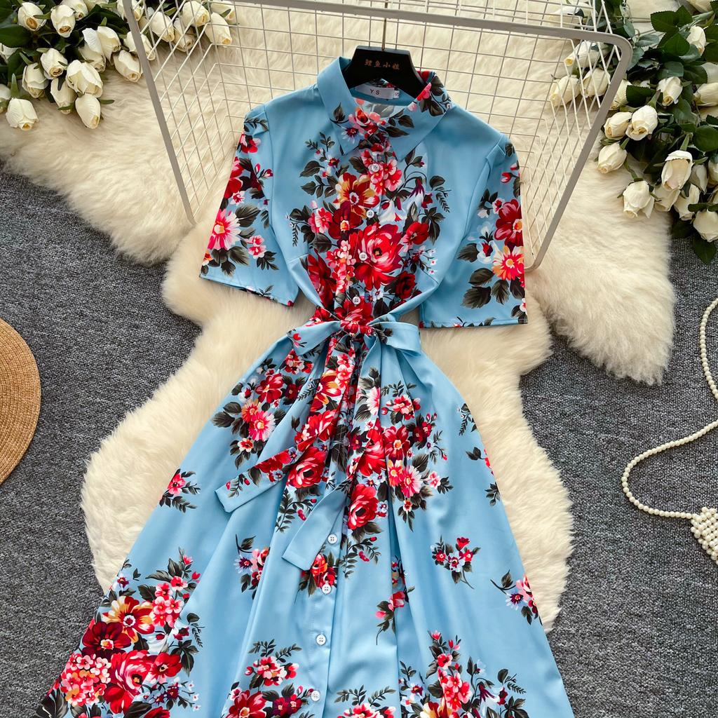 New Summer Beach Gorgeous Floral Midi Dress Shirt Women Single Breasted Belt Lace Up Short Sleeve Long Party Dresses Office Lady