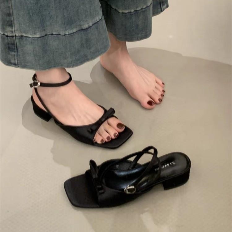 With skirt fairy style bow word with open toe sandals women summer 2025 new French stunning high heels