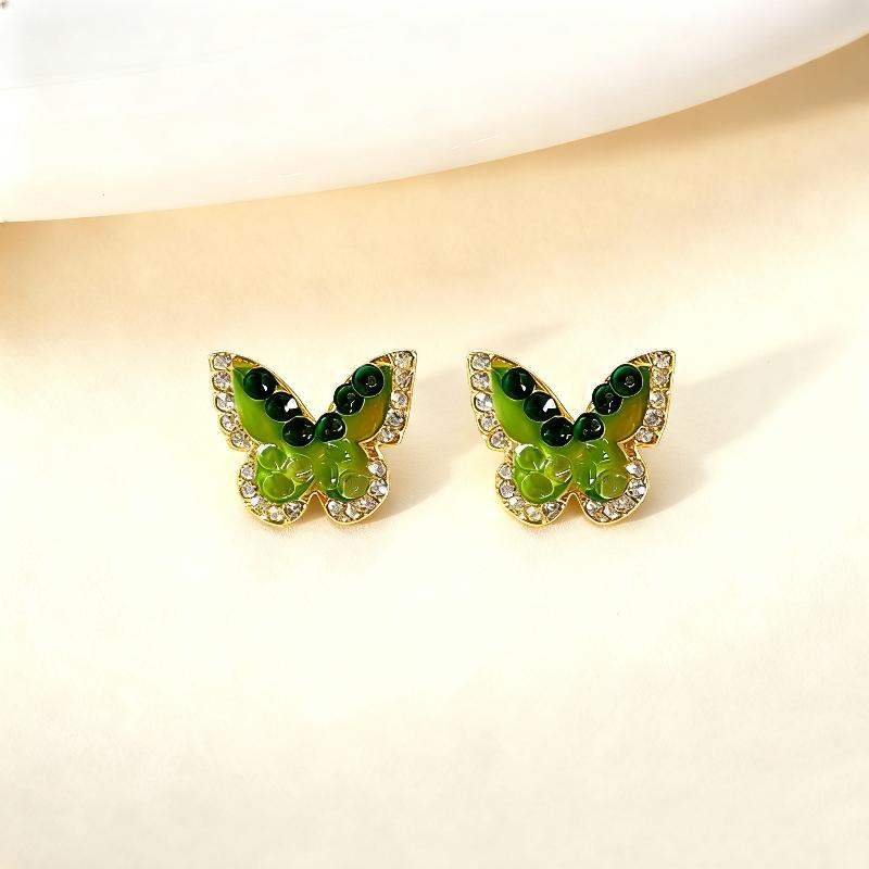 Gradient Color Green Crystal Stone Edged Butterfly Stud Earrings Fashion High-End Versatile Trendy Ear Jewelry
