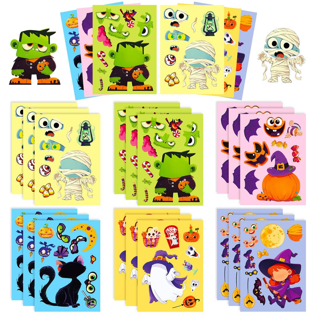 6 Photos/package Halloween Puzzle Face Change Sticker Ghost Pumpkin DIY Children's Puzzle Toys Graffiti Sticker Paper