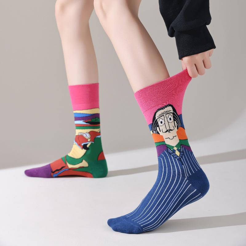 Unisex A/B Style Asymmetrical Cartoon Mid-Calf Cotton Socks