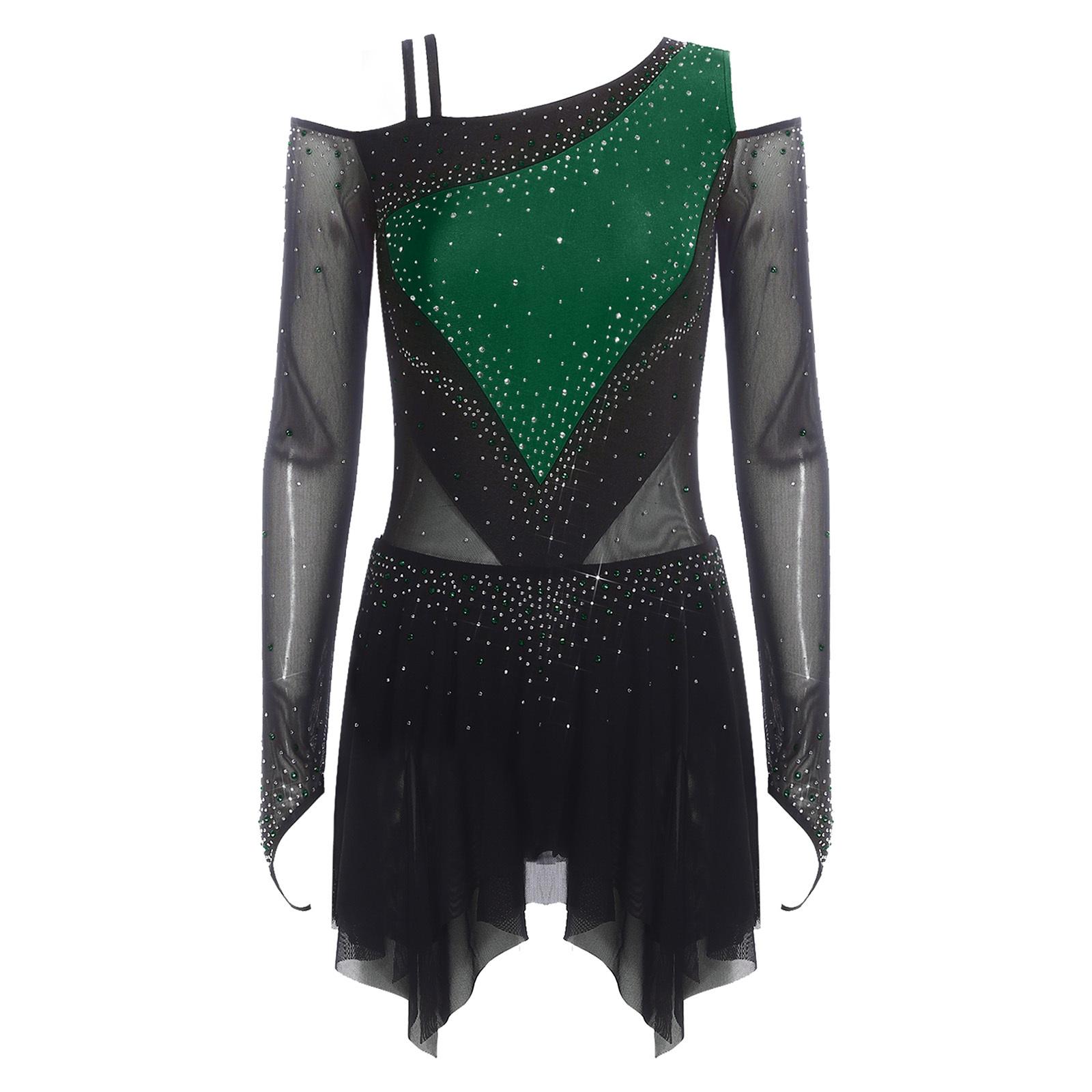 

Womens Figure Skating Dress Rhinestone Asymmetrical Shoulder Long Sleeve Irregular Tiered Mesh Bodysuit S темно-зелений колір