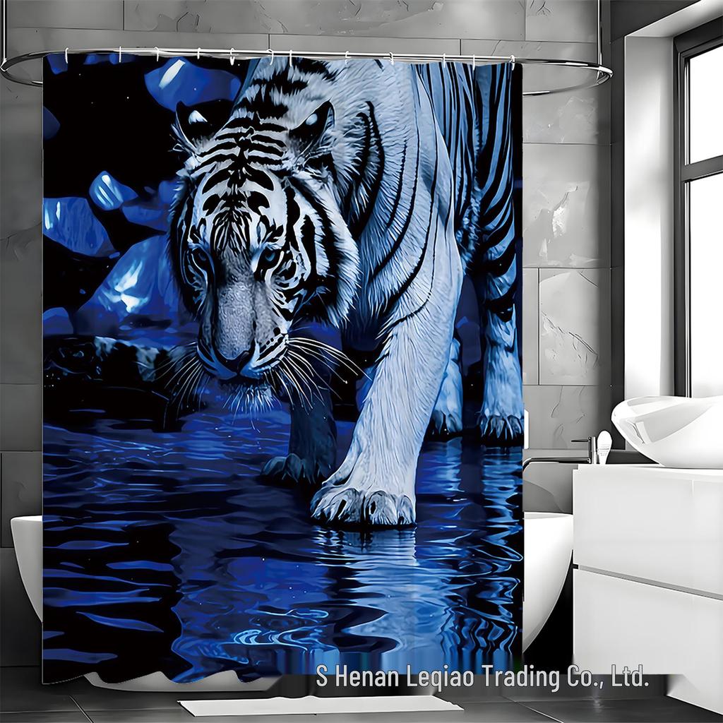 Blue Water & White Tiger Shower Curtain Set with 12 Hooks - Bathroom Decor