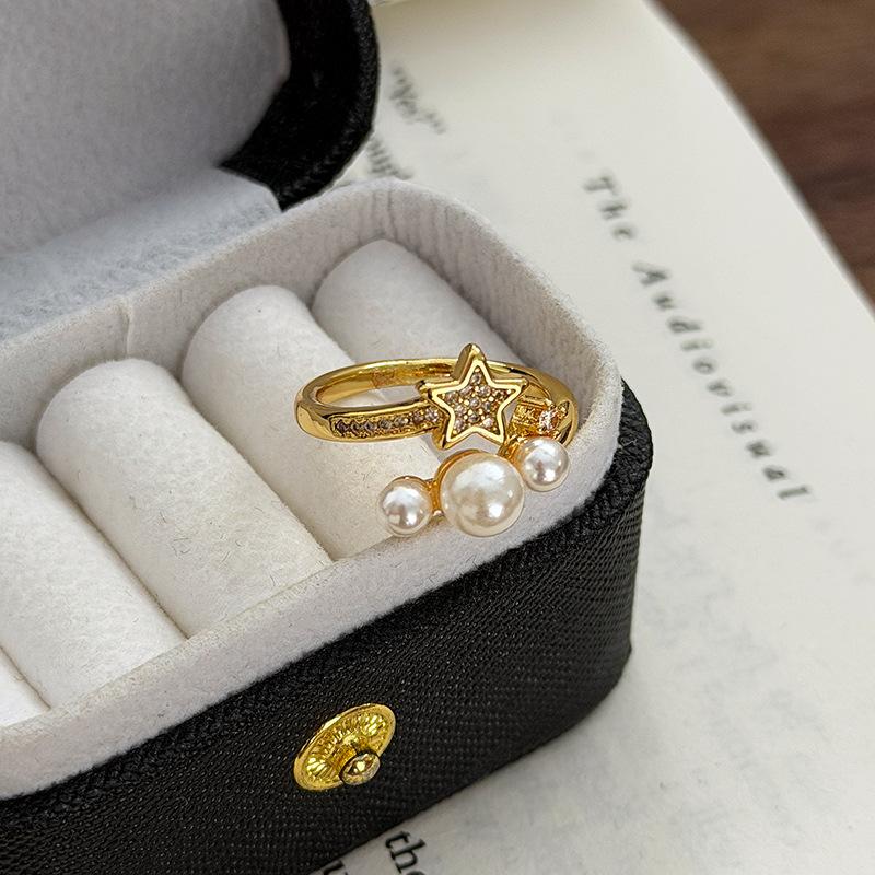 

Light Luxury Sweet Gold Bead Star Clover Diamond Zircon Crown Imitation Tiger S Eye Open Ring Stacked Women Adjustable opening