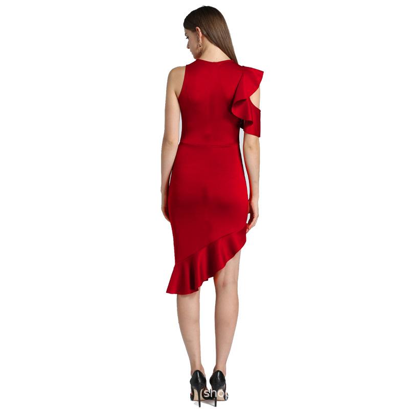 Women's Autumn and Winter New Evening Dress Flying Sleeve Off -the -shoulder Ruffled Side Dress