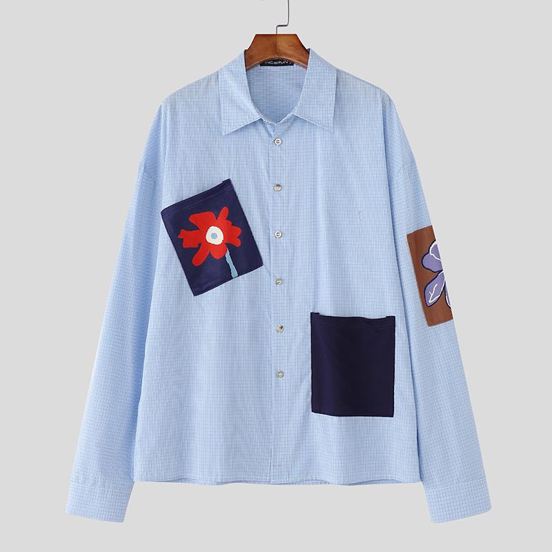 INCERUN Oversized Men Lapel Neck Long Sleeve Floral Print Plaid Casual Shirts Tops