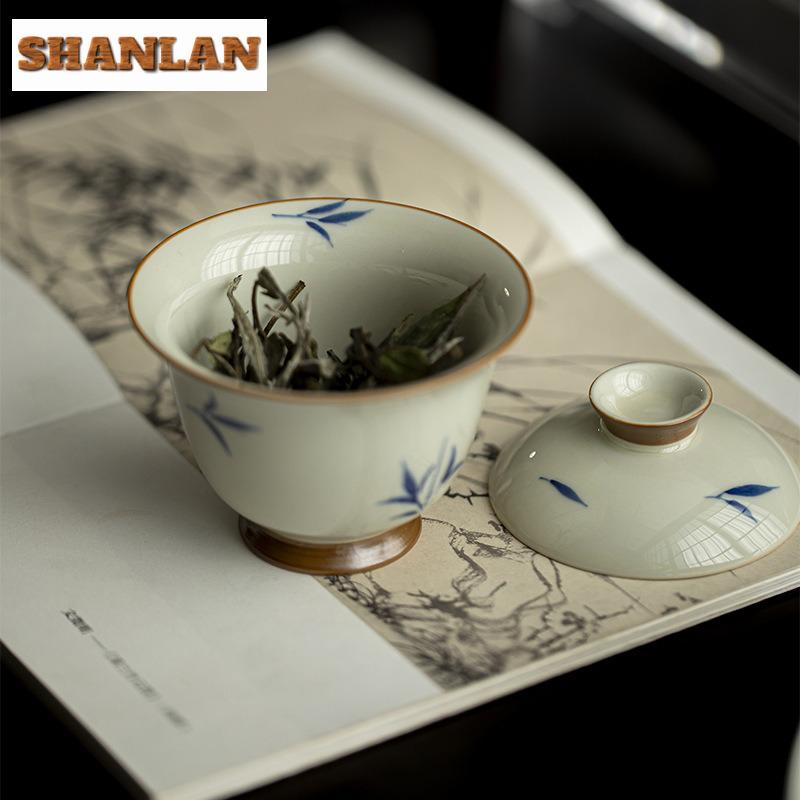 120ml Hand-painted Bamboo Ceramic Gaiwan Antique Clay High Footed Tea Tureen Zen Tea Maker Cover Bowl Chinese Tea Set Craft Gift