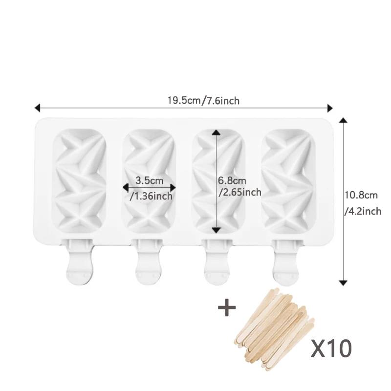 Silicone Ice Cream Maker 4 Cavities Popsicle Mold with Wooden Sticks Oval Cake Chocolate Baking Tools Reusable Dessert Molds