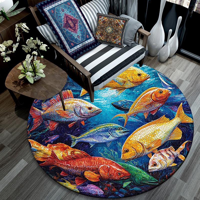 Ocean Fishes Round Area Rug,Carpet Rug for Living Room Bedroom Sofa Playroom Decor,Non-slip Floor Mat
