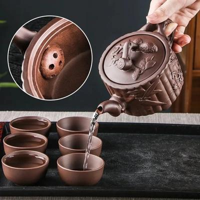Teekanne aus violettem Ton mit breiter Öffnung, San You-Teekanne, handgefertigte Relief-Teekanne aus rotem Ton, Werkzeug zur Teezubereitung, Kung-Fu-Teeservice