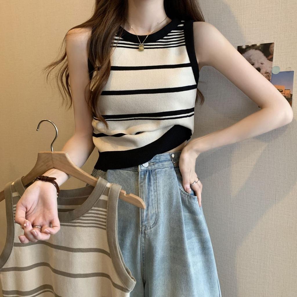 Color Blocking Women's Striped Knitted Camisole Vest Summer French Chic Sleeveless Top Base Layer