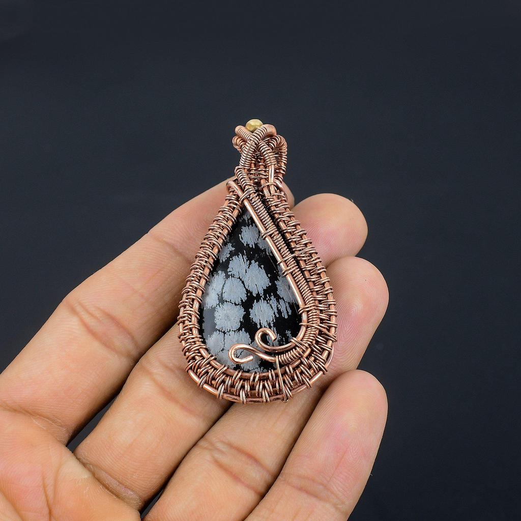 Snowflake Obsidian Pendant, 999 Copper Wire Wrapped Gemstone Handmade Dainty Jewelry Pendant, For Her