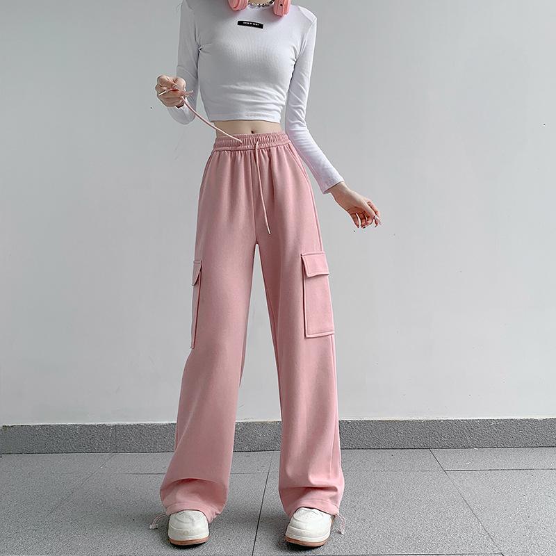 Grey Work Pants, Women's Winter Casual Sports Pants, Loose and Plush Wide Leg Pants for Women