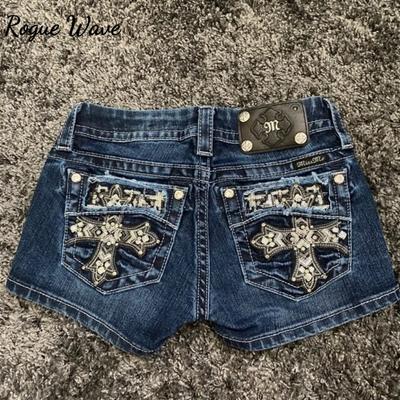 RogueWave Mini Shorts Womens Harajuku Vintage Cross Graphic Pockets Embroidery Low Waist Shorts Gothic Sexy Hot Girl Hip Denim Shorts