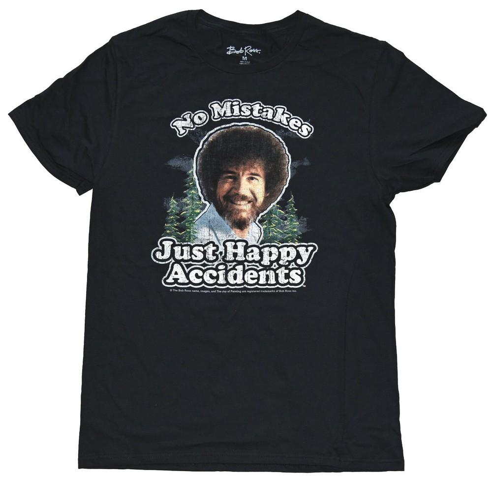 Bob Ross No Mistakes Just Happy Accidents Distressed Men's Black T-Shirt New