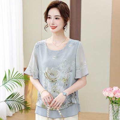 Chiffon Round Neck Blouse - Fashionable Summer Top for Middle-aged Women with 3/4 Sleeves