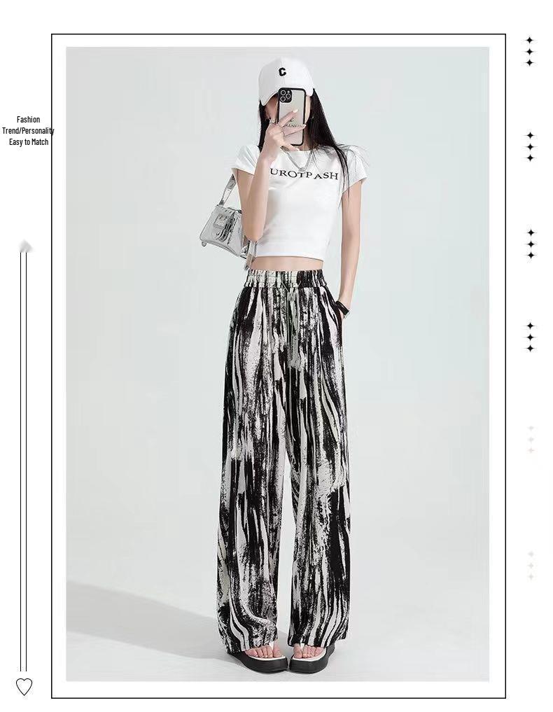 Damen Sommer High-Waist Batik Weitbein Drapierhose - Eisseide, Lockere Passform, Leicht