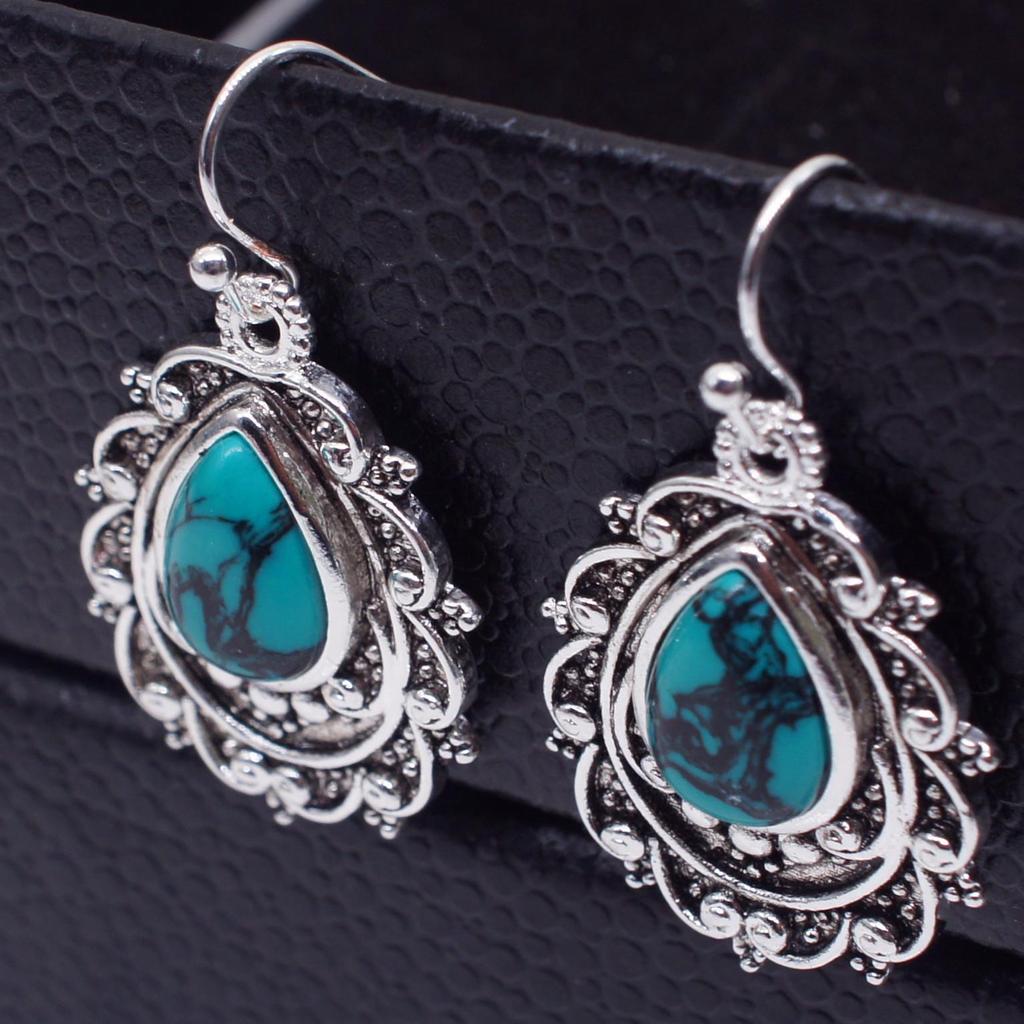 Kolczyki Zhenrong Retro w kształcie gruszki z turkusem, platerowane tajskim srebrem