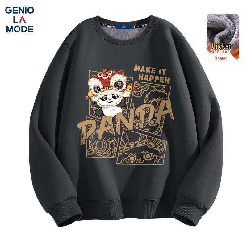GENIOLAMODE Men's Chinese Trend Panda Fleece Lined Crewneck Sweatshirt