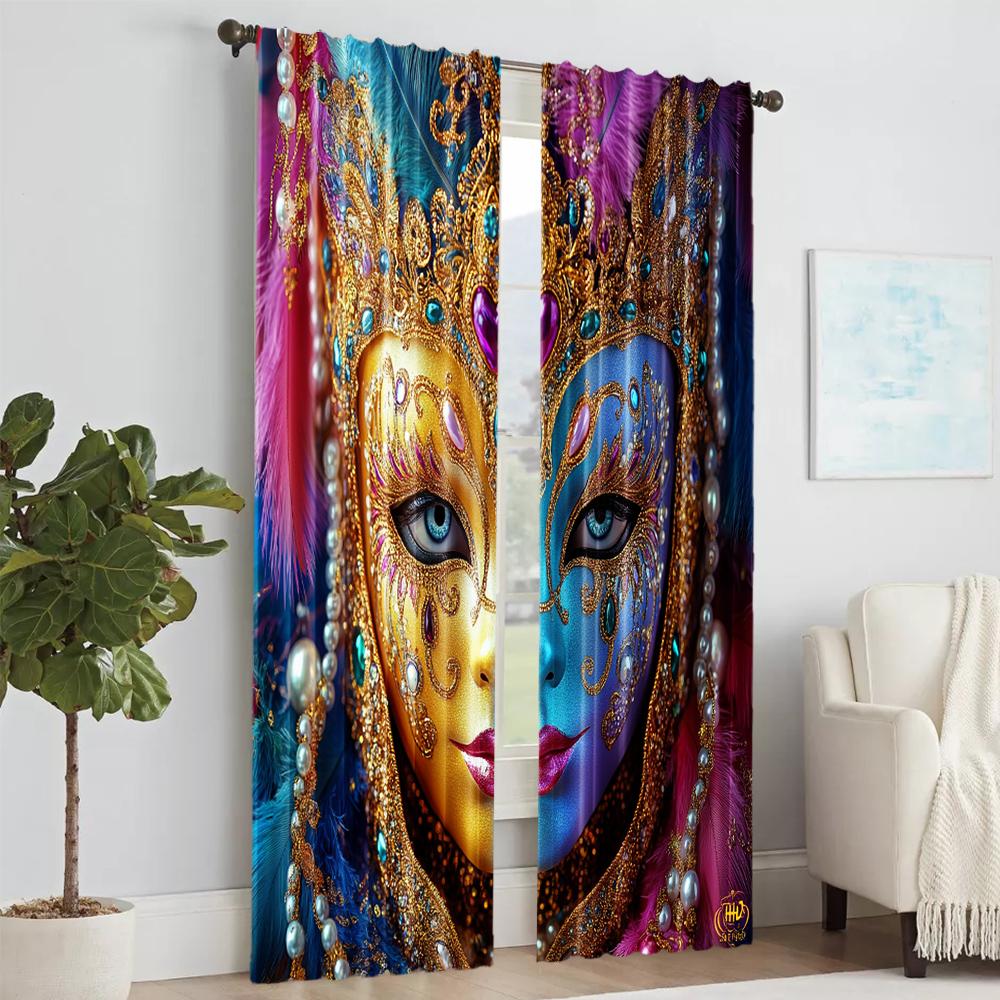 2 Pcs   Versatile Polyester Transparent Curtains for Home Decoration Venice Carnival Mask for Use In Bedrooms and Living Rooms