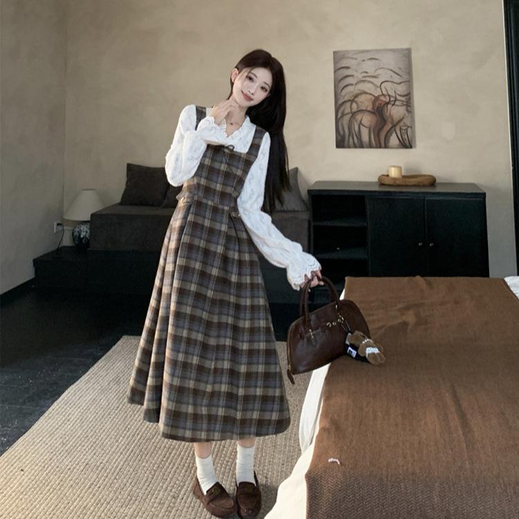 Women's Plus Size French Plaid Wool Dress Set - Waist-Cinched Slimming Long Skirt