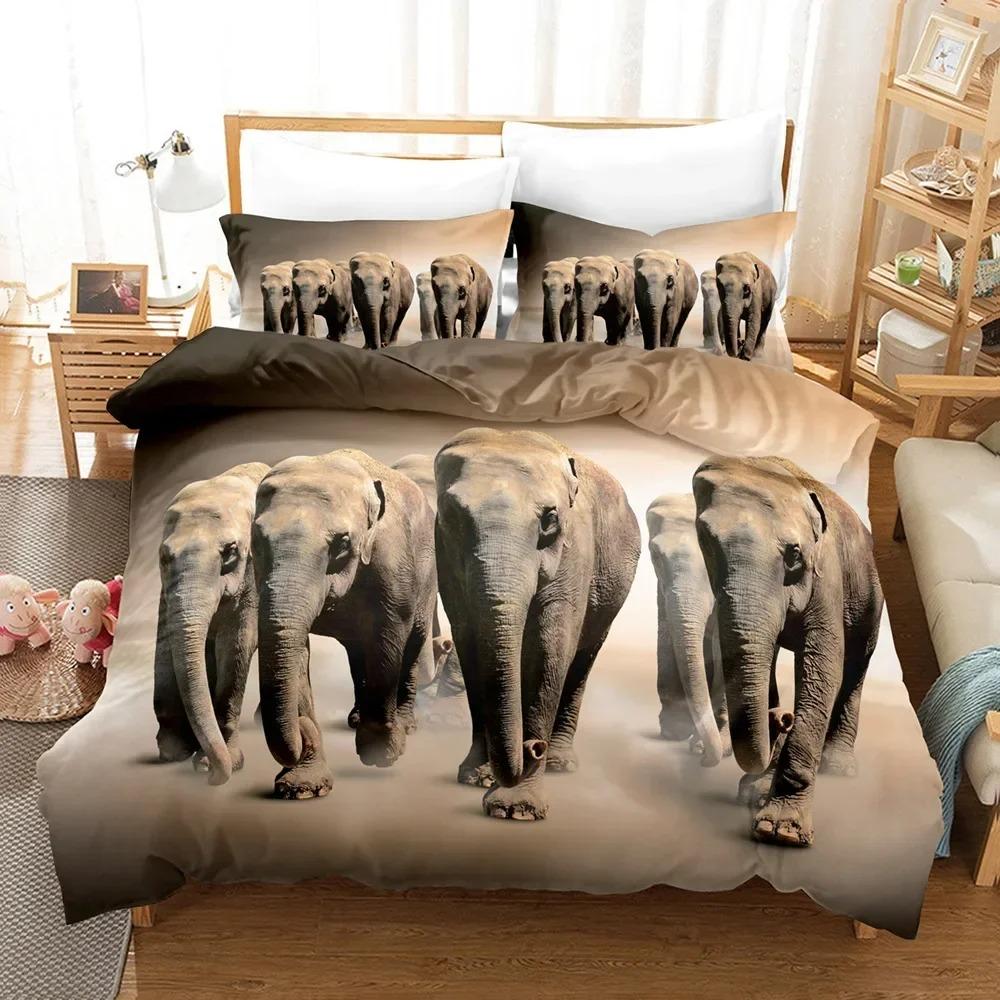 3D Elephant Bedding Set Queen Full Duvet Cover Sets Design Elephant Bedspread Black Wildlife Soft 2/3pcs Microfiber Quilt Cover