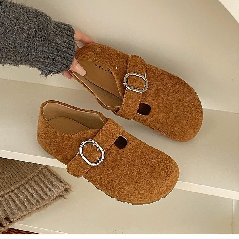Cowhide Version! Round Head Retro Casual Single Shoes Women's 2025 Autumn New Fashion One-word Buckle with Flat Beanie Shoes