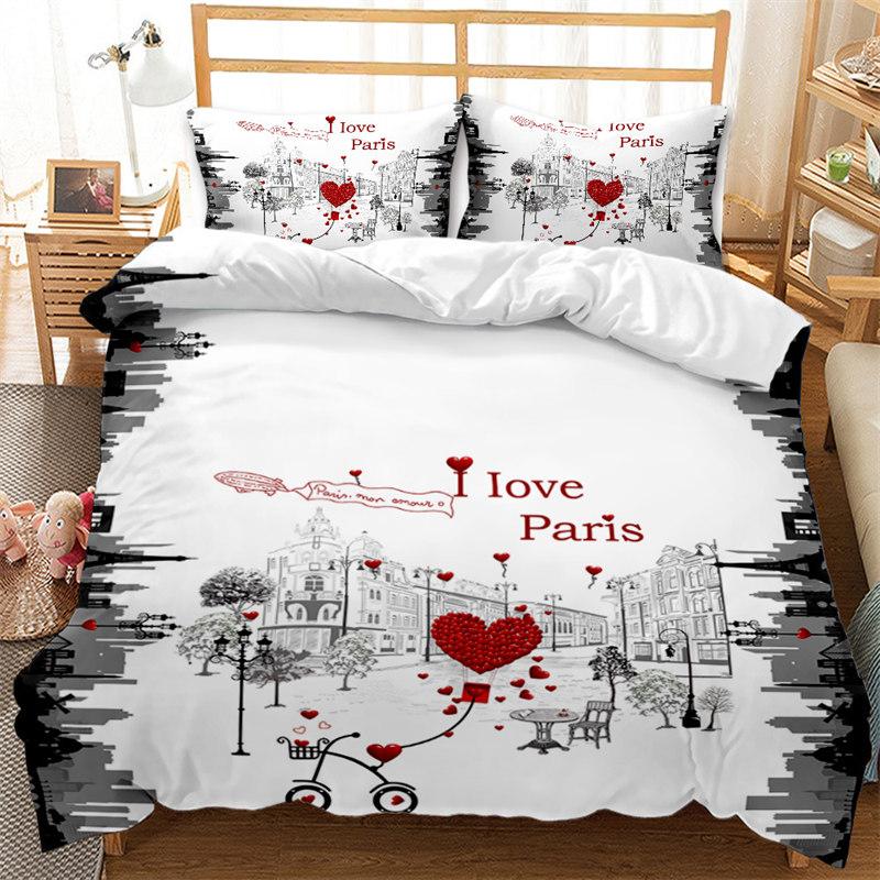 Girls Teen Romantic Bedding Collection King Paris Eiffel Tower Duvet Cover Microfiber British Style Love Heart Cartoon Comforter Cover