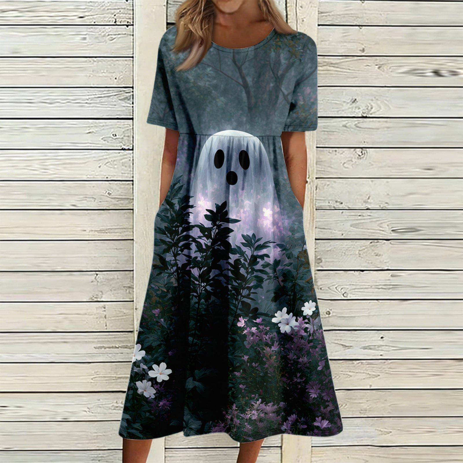 Women s Halloween Print Casual Round Neck Dress with Pockets M