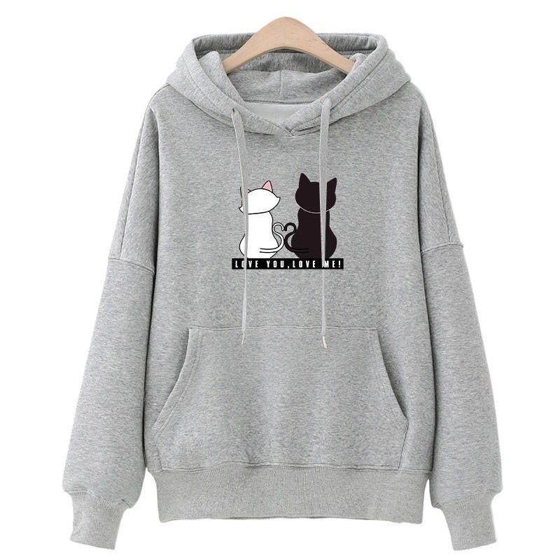 Winter Herbst Samt Warm Frauen Mit Kapuze Lose Katze Druck Casual Sweatshirt