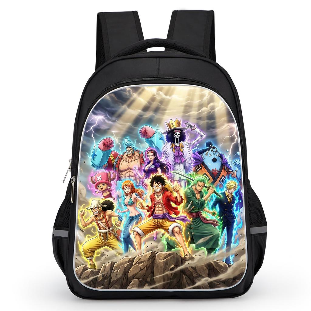 16 Inch Black Cartoon One Piece Backpack Mochila, Light Weight Unisex School Backpack Travel Daypack for Boys Girls Age 6-10
