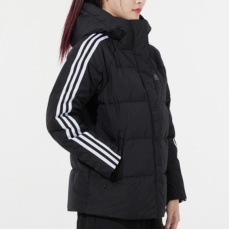 Adidas 3-Stripe Puff Jacket with Double-Knit Zip Pockets and Hood Women Outerwear Black H23063
