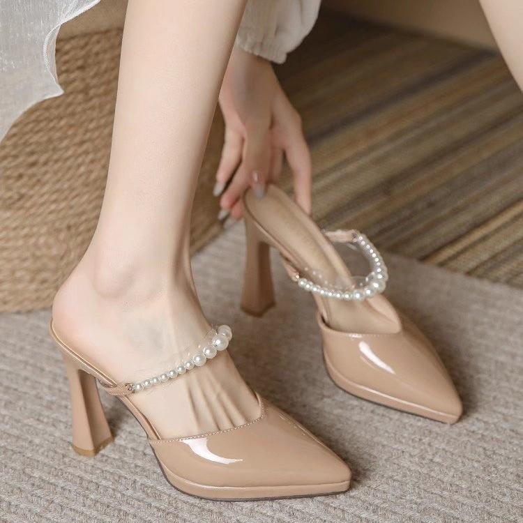Fashion Women Slippers Female Shoes Pointed Toe Mules for Women 2024 Thin Heels Slippers Soft Beige Heeled Slides Fashion New Comfort