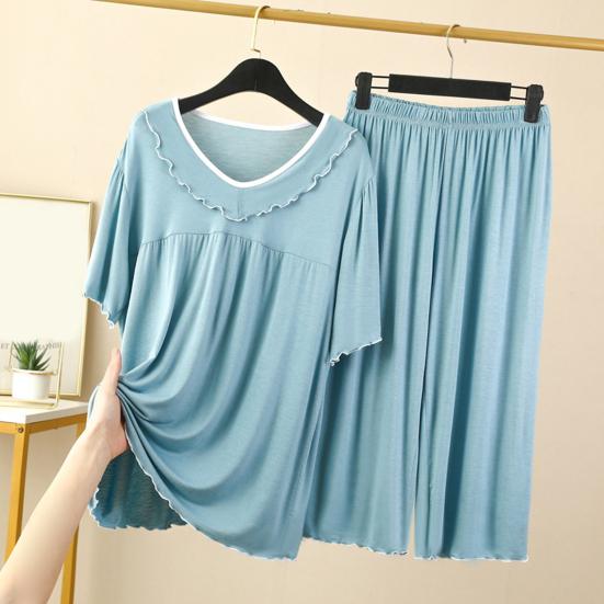 Women's Two Piece Pajamas Set Crew Neck Short Sleeve Shirts Matching Wide Leg