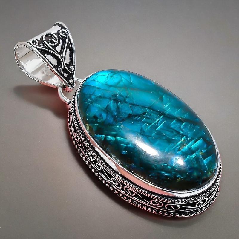 Pingente de joia de prata esterlina 925 feito à mão com pedra preciosa de labradorita azul 2,17" AH-861