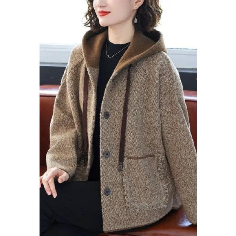 Mom's New Autumn and Winter Double-sided Loose and Fashionable Woolen Coat, Western Style Casual Hooded Cardigan Coat