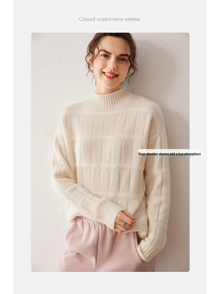 Women's 100% Cashmere Vintage Loose Fit Half High Neck Pullover - Thick, Warm Knit Sweater for Autumn/Winter.