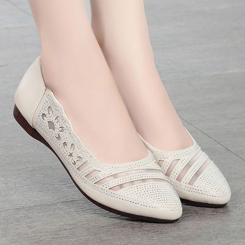 Scarpe da Donna in Morbida Pelle Scarpe da Donna a Punta con Strass e Rete a Bocca Bassa con Suola Morbida e Tacco Basso Sandali Calzature