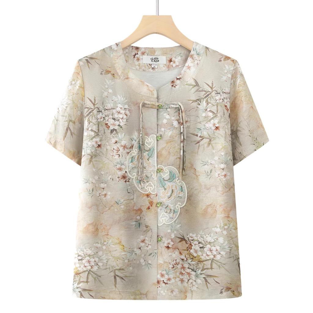 Chinese Style Summer Suit: Short-Sleeved Shirt & Cardigan Set for Middle-Aged and Elderly Women