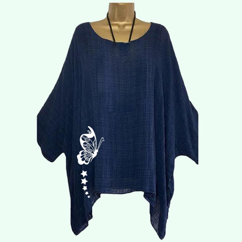 Übergröße DamenDünnes Baumwollleinenhemd Frühling&Sommer Lässig O-Ausschnitt Locker Langarm Top Damenmode Blumendruck Langes Hemd