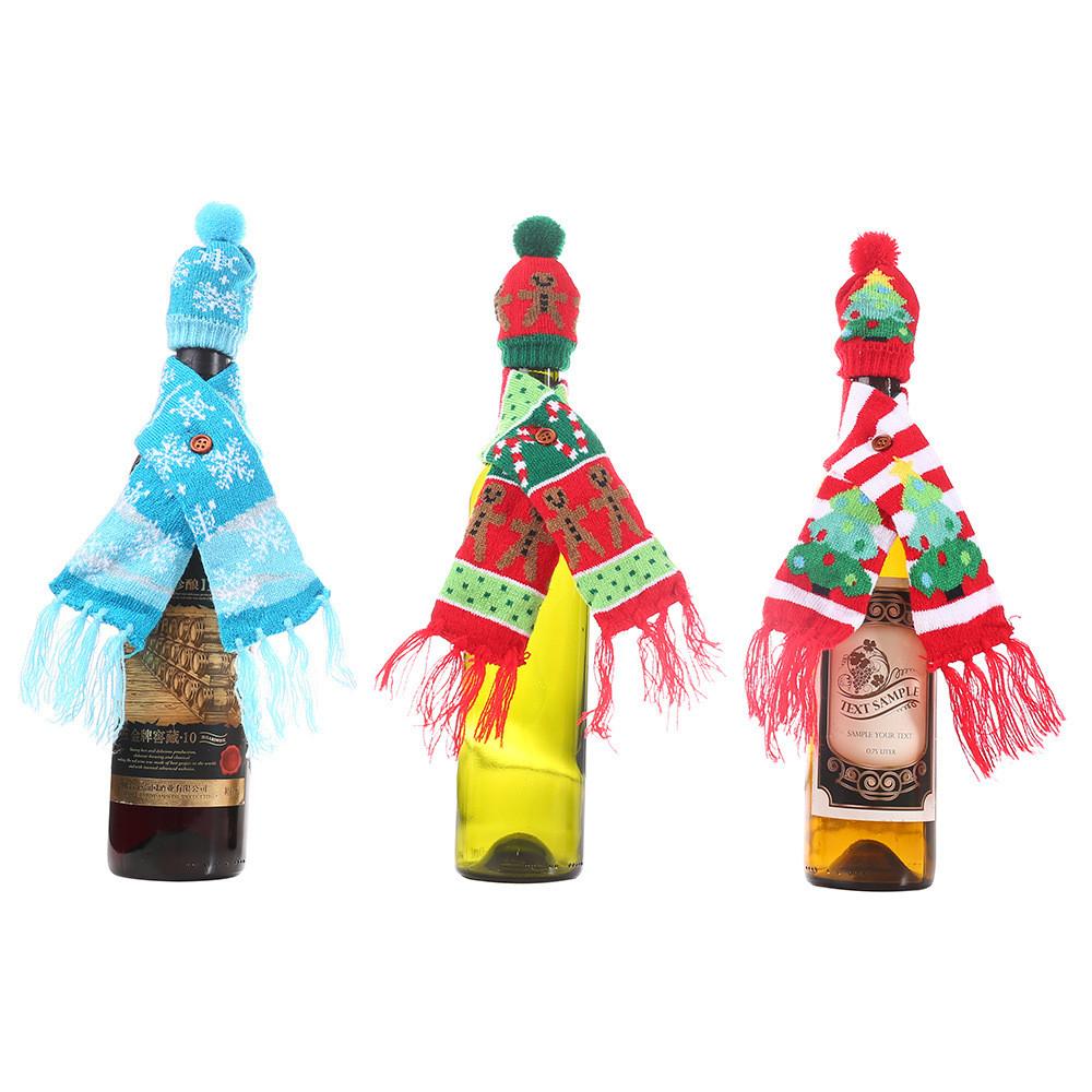 Creative Christmas Wine Bottle Cover Knitted Scarf Style With Festive Designs