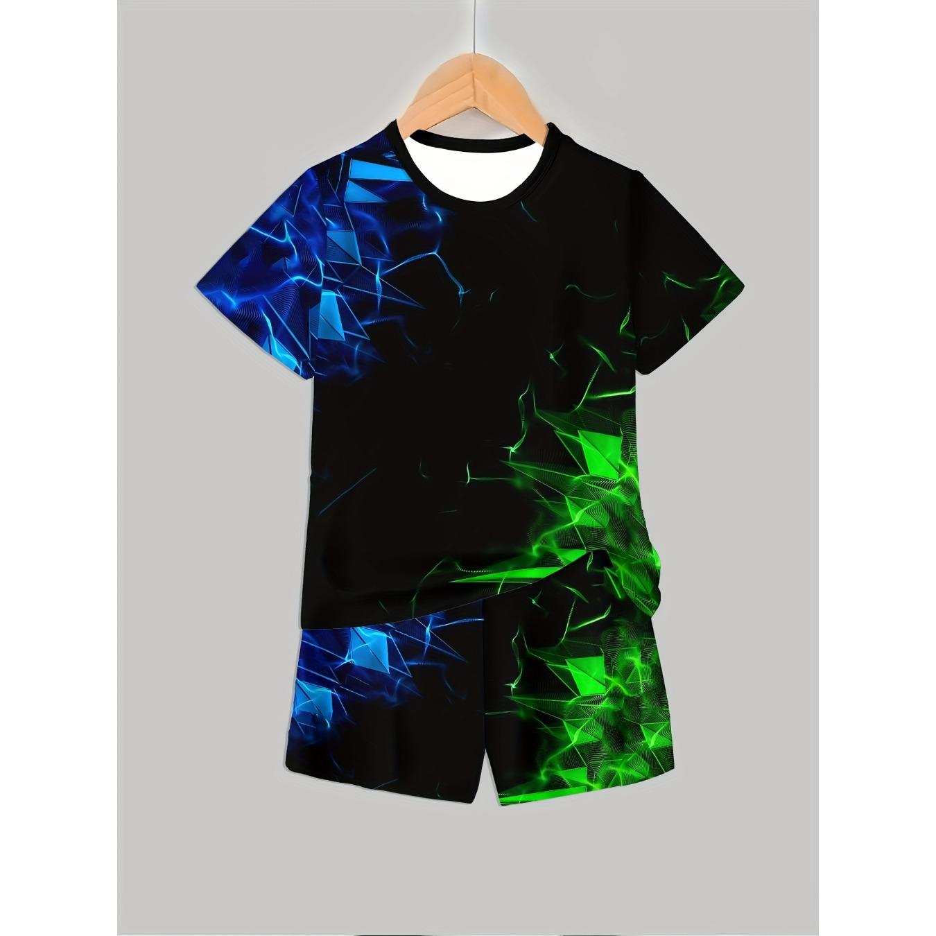 

Повседневный комплект для мальчиков с 3D-принтом - Черный с зеленым геометрическим узором, с коротким рукавом 13-14Y