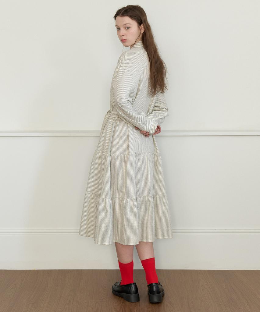 Cluny Round Collar Stripe Shirt Dress - Beige