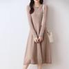 Women's Slim Fit Waist-Cinching Over-the-Knee Knitted Wool Dress - Autumn/Winter Base Layer, Round Neck, New Style
