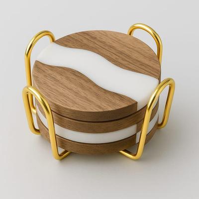 Wooden Coaster Set of 4 for Dining Table – Premium Wood & Resin Drink Coasters with Gold Stand – Stylish Tea Cup